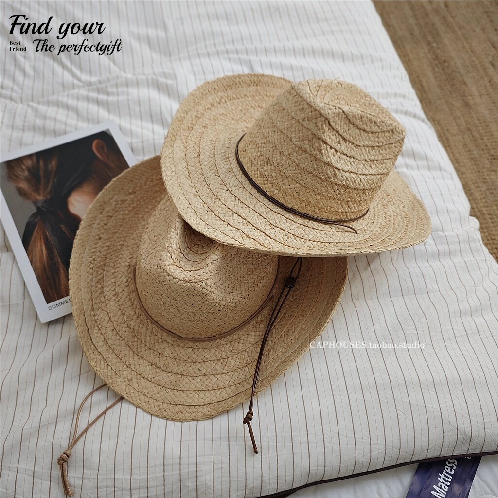 拉菲草大帽檐骑士帽男女夏季户外登山遮阳帽绑带复古西部牛仔帽子