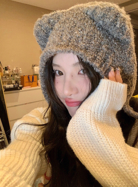 灰色小熊帽子女秋冬季女生可爱冬款保暖2025新款爆款护耳毛绒帽