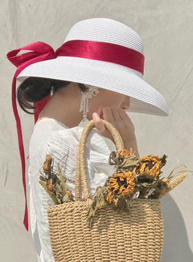 法式草帽复古赫本帽子女夏天大檐白色遮阳帽防晒太阳帽遮脸百搭潮