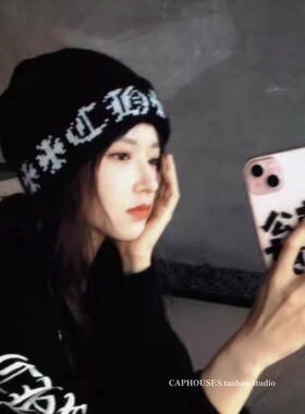 潮酷韩系氛围感时尚字母黑色毛线帽子女冬季保暖加厚显脸小针织帽