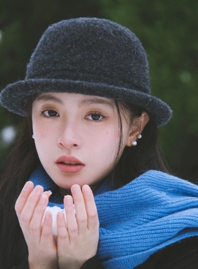 北海道雪地日系灰色圆顶帽子女冬季卷边小礼帽赫本风复古千金盆帽