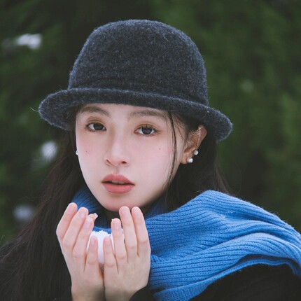 北海道雪地日系灰色圆顶帽子女冬季卷边小礼帽赫本风复古千金盆帽