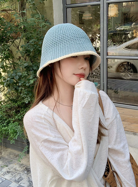 ins日系显白蓝色针织水桶帽女春夏遮阳防晒透气渔夫盆帽显脸小潮