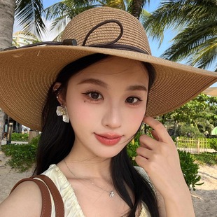 大帽檐可折疊田園風(fēng)海邊度假草帽女夏沙灘遮陽帽防曬太陽帽UPF50