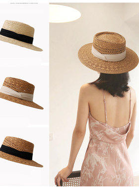 法式平顶复古休闲小礼帽草帽沙滩帽女夏天海边遮阳帽大檐草编帽子