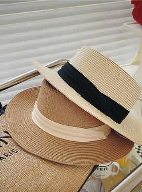 帽子女夏防晒出游英伦风海边度假沙滩太阳帽时尚平顶编织遮阳草帽