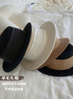 西子~法式复古赫本风优雅气质平顶羊毛礼帽女士秋冬季英伦风帽子