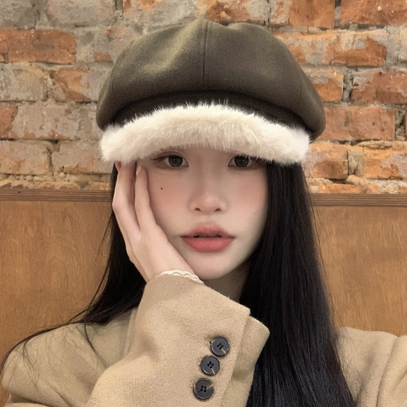 帽檐加绒八角帽冬大头围