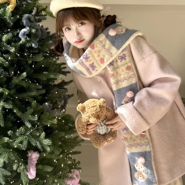 日系冬季新款柔软小雪人提花手绣流苏围巾女保暖时尚百搭毛线围脖