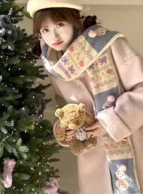 日系冬季新款柔软小雪人提花手绣流苏围巾女保暖时尚百搭毛线围脖