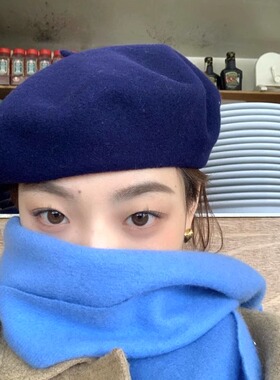 洋气羊毛帽子女秋冬韩版百搭英伦复古贝雷帽日系蓝色南瓜帽画家帽
