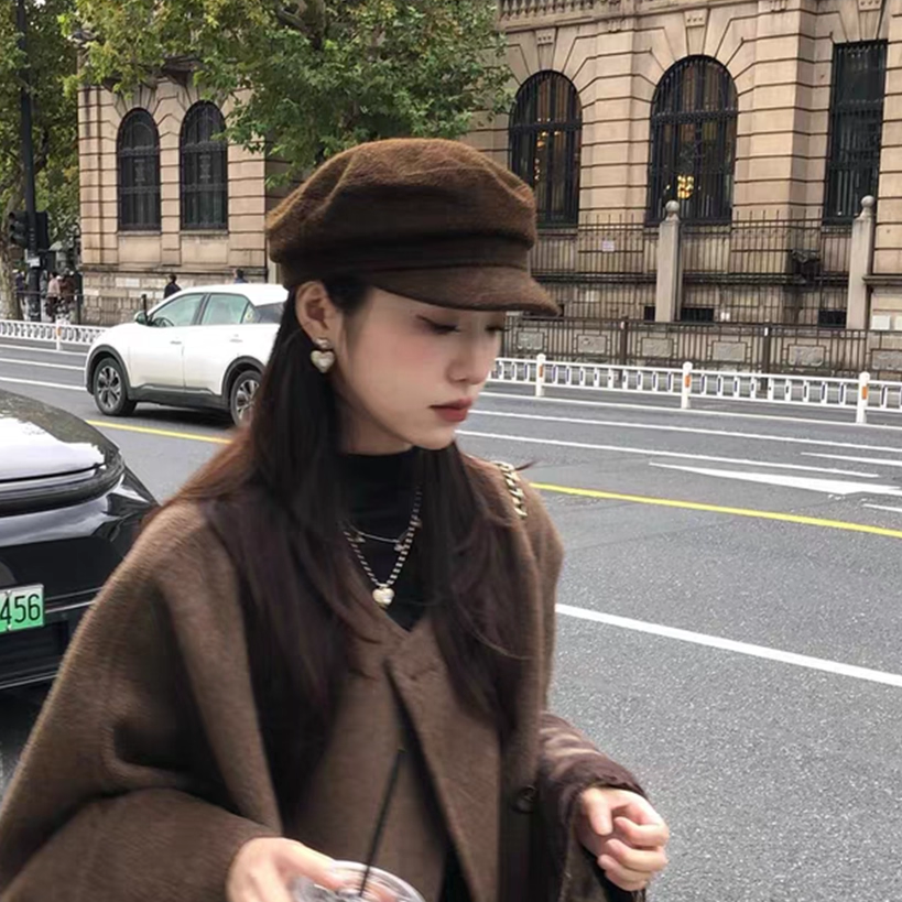 棕色毛呢平顶八角帽女英伦复古