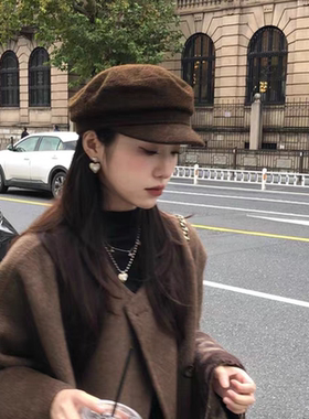 棕色毛呢平顶八角帽女英伦复古秋冬网红画家帽报童鸭舌帽贝雷帽子