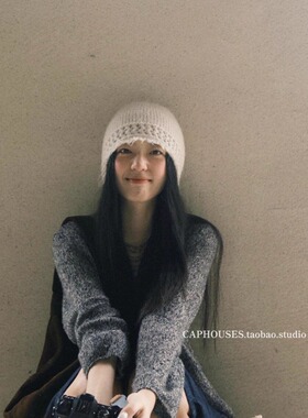 含羊毛日系复古镂空针织包头帽女冬季保暖百搭氛围感显脸小毛线帽