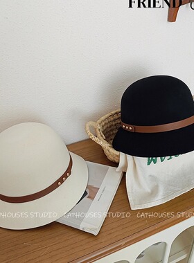 小头围复古黑色羊毛盆帽女气质百搭简约皮带小礼帽圆顶渔夫帽子潮