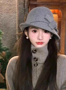 定制赫本风高级灰色羊毛蝴蝶结渔夫帽女秋冬新款时尚优雅千金礼帽