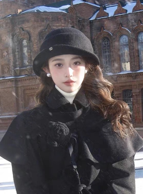 帽子女秋冬2025新款黑色羊毛礼帽法式高级感赫本风复古千金贝雷帽