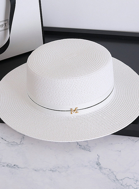 英伦风白色平顶礼帽女度假沙滩帽防晒太阳帽草帽女海边遮阳帽子潮