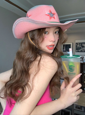 粉色辣妹少女西部牛仔帽子vintage小众草帽防晒沙滩海边遮阳帽夏