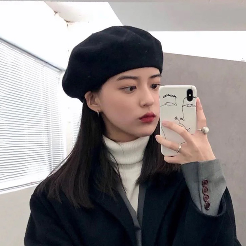 澳洲黑色日系英伦复古贝雷帽