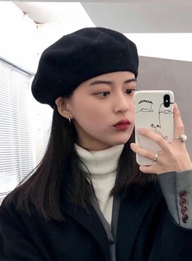 澳洲羊毛呢黑色贝雷帽女春秋冬季ins潮韩系网红英伦复古画家帽子