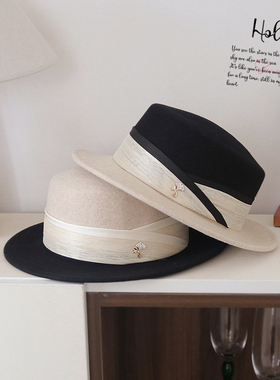 新款英伦复古黑色羊毛爵士帽女秋冬赫本风时尚优雅亚麻平顶礼帽