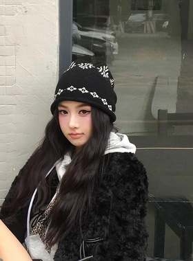 大头围韩版黑色卷边提花羊毛针织毛线帽女秋冬保暖显脸小堆堆帽子