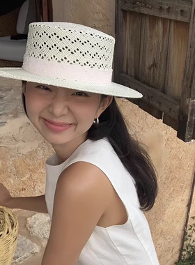 新款小香fever镂空法式平顶白色礼帽女夏季手工复古草帽海边帽子