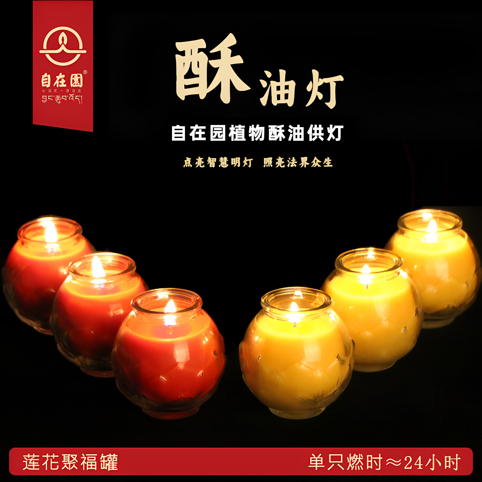 自在园酥油灯24小时1天平口莲花植物菩提长明家用供灯七彩聚福罐