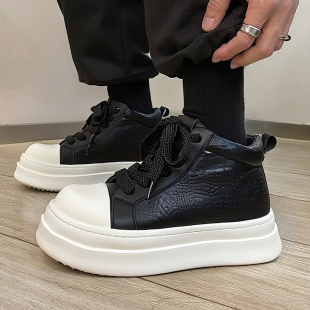 高帮板鞋 两点浪漫2026春新7CM厚底增高休闲鞋 黑白荔枝纹黑白时尚