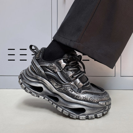 两点浪漫2026春夏新款网面拼接透气老爹鞋男7CM厚底增高脏脏潮鞋