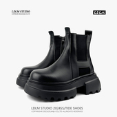 两点浪漫切尔西靴子男真皮7CM厚底增高马丁靴套脚加绒高帮皮鞋 男