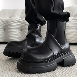 两点浪漫秋冬新款 加绒马丁靴男7CM厚底增高短筒酷帅切尔西短靴子
