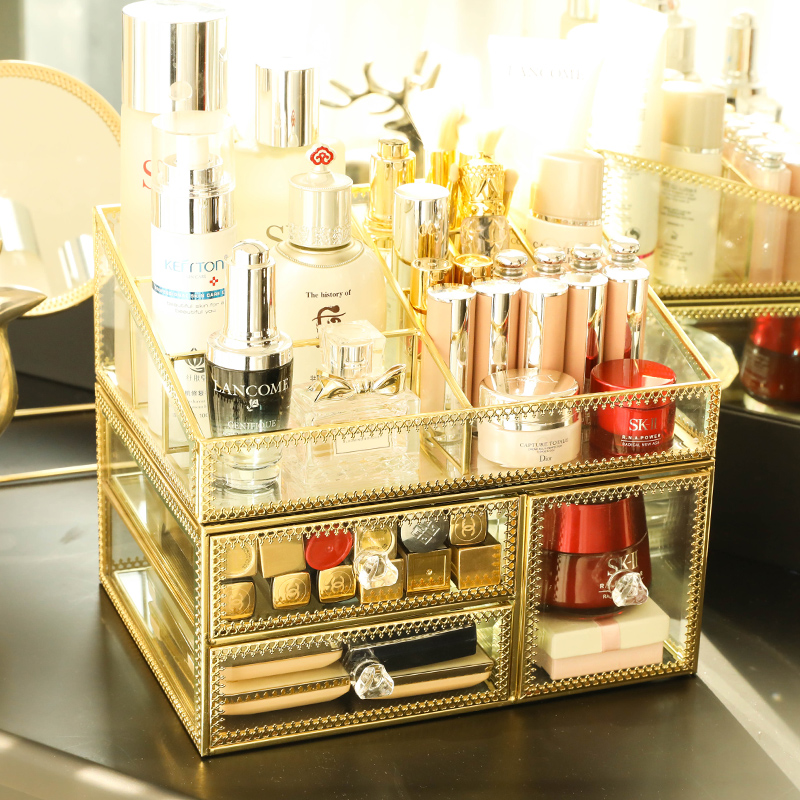 复古古铜桌面收纳盒欧式透明玻璃