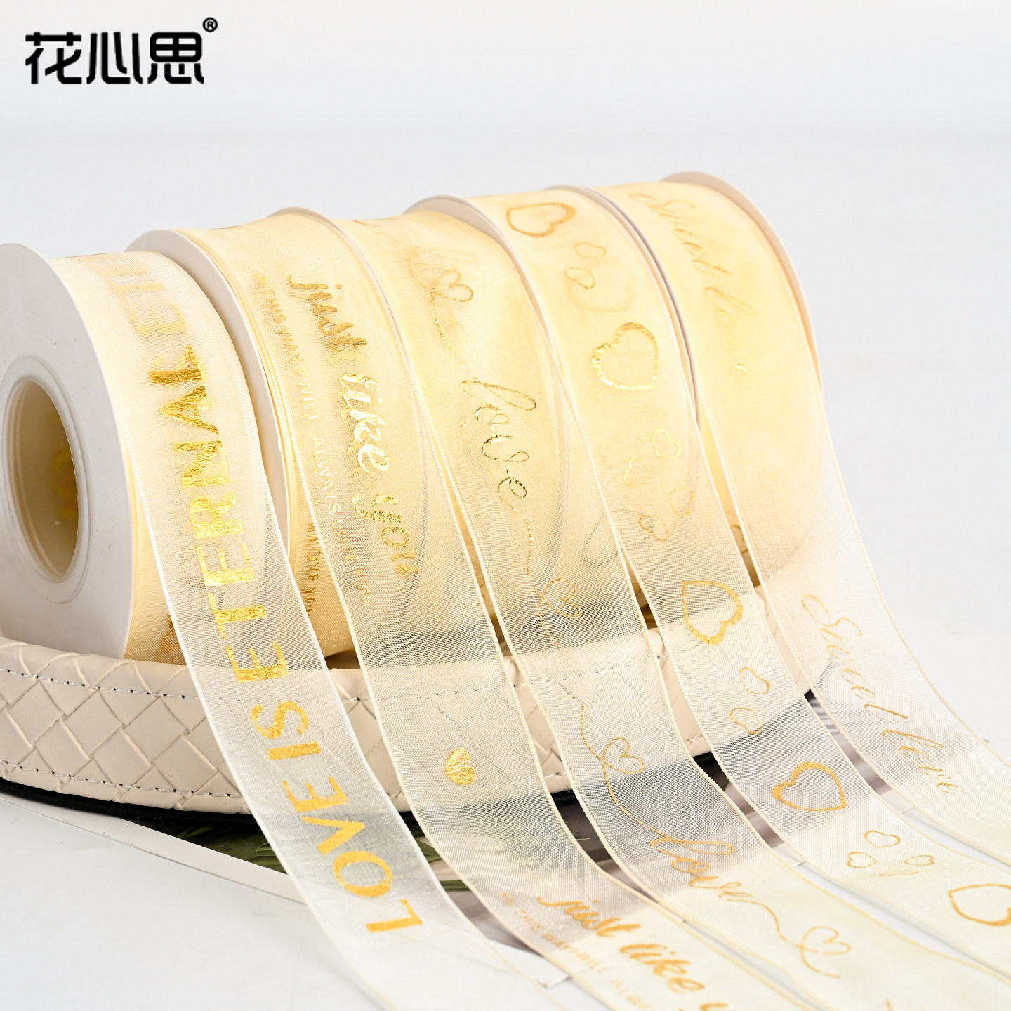 花心思烫金英文雪纱丝带鲜花花束包装彩带绑花束蝴蝶结装饰花艺