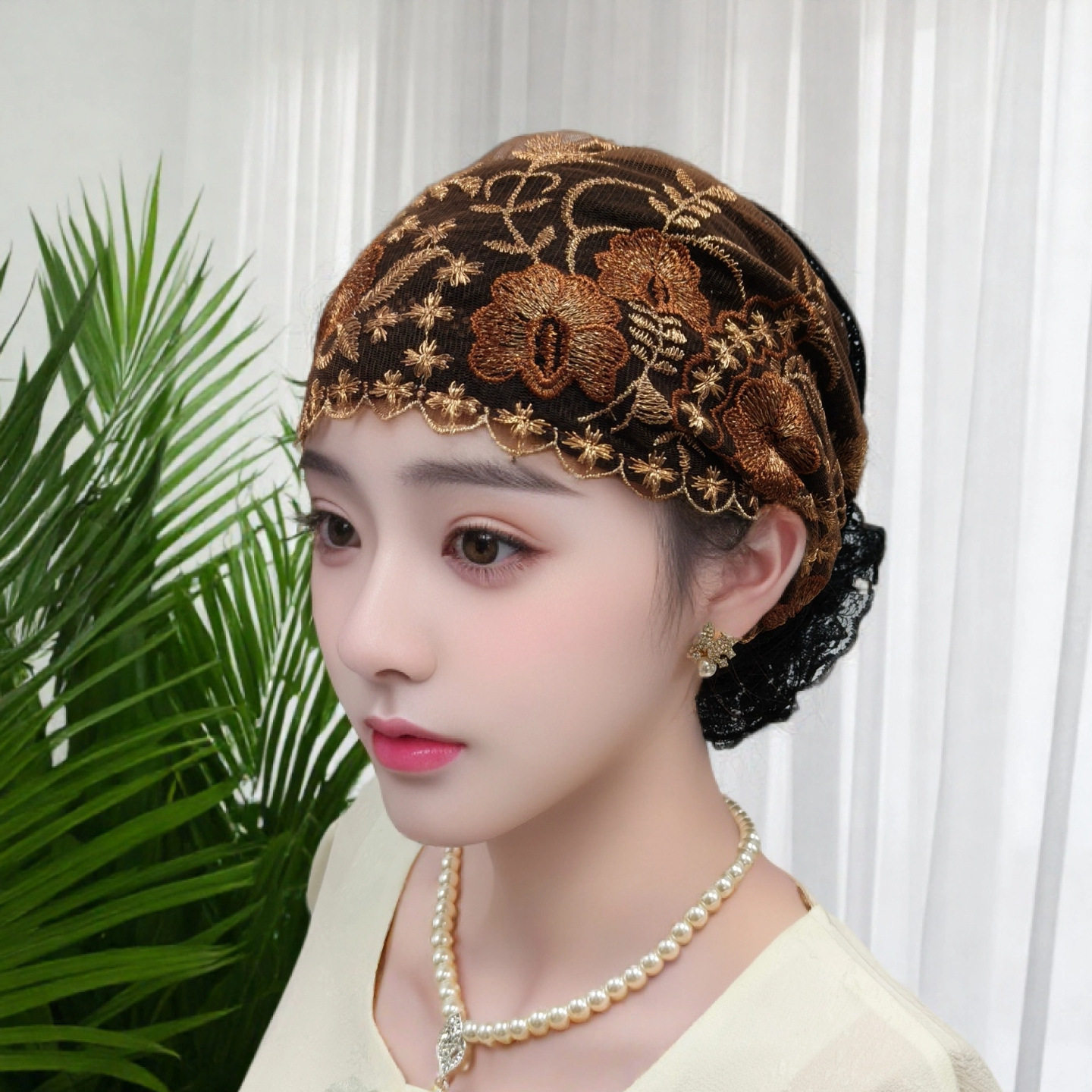 四季款刺绣花朵包头帽薄款蕾丝帽洋气遮白发帽时尚头饰发带大花帽