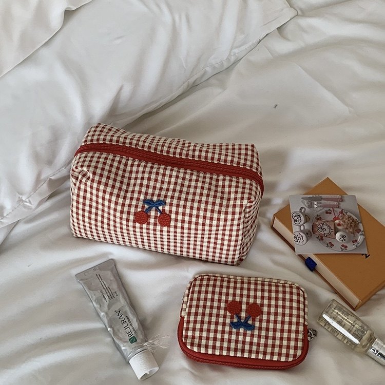 韩国ins可爱樱桃零钱包格子小巧便携耳机口红钥匙收纳身份证卡包