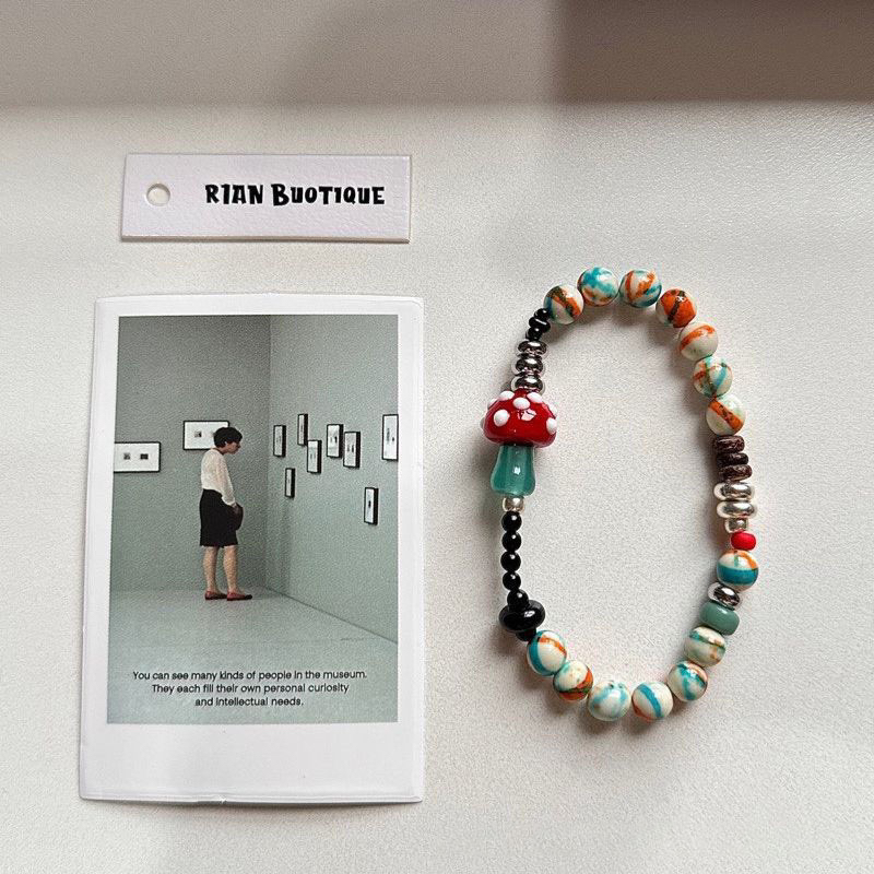 蘑菇森林手工琉璃手链天然橙白蓝雨彩石串珠手链复古高颜值手饰
