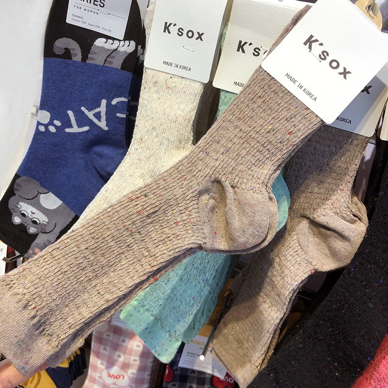 进口袜子木耳边纯色竖螺纹中筒袜彩色小点舒适女士棉袜