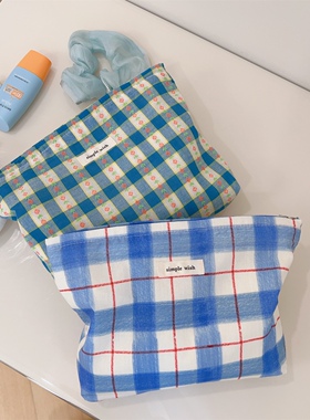 韩国蓝色格纹化妆包女大容量小众出行内胆包收纳洗漱袋ins