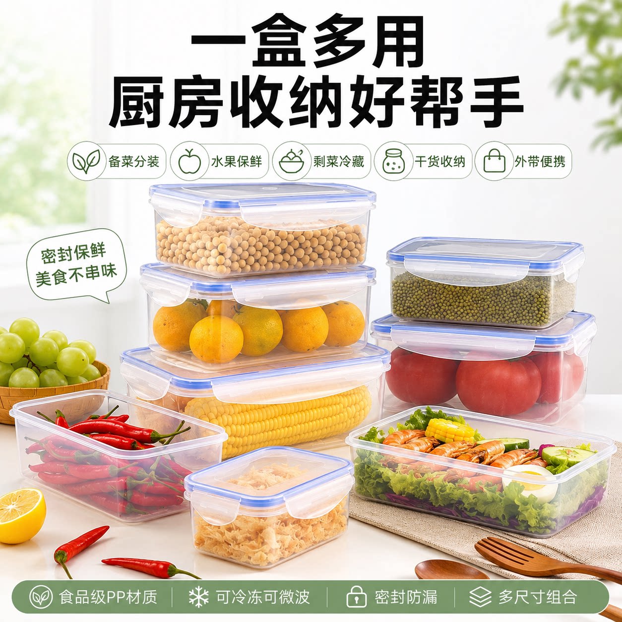 食品级密封方形保鲜盒冰箱冷冻