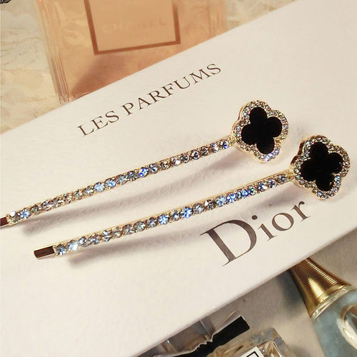 韩版发饰刘海发夹黑色四叶草满钻水钻边夹中号一字夹头饰百搭卡子