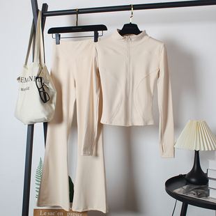 立领瑜伽服套装女秋冬款速干高腰喇叭裤修身显瘦舞蹈紧身拉链外套