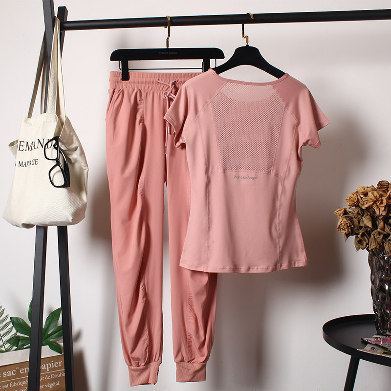 宽松透气瑜伽服套装速干后背网孔健身短袖弹力跑步运动束脚裤专业