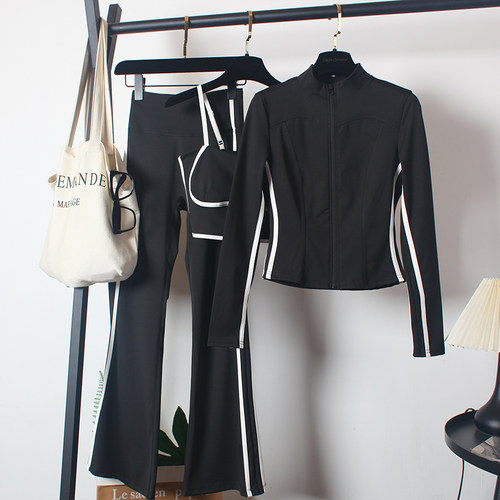 健身运动套装女秋冬款高腰喇叭裤显瘦舞蹈跑步拉链条杠外套三件套