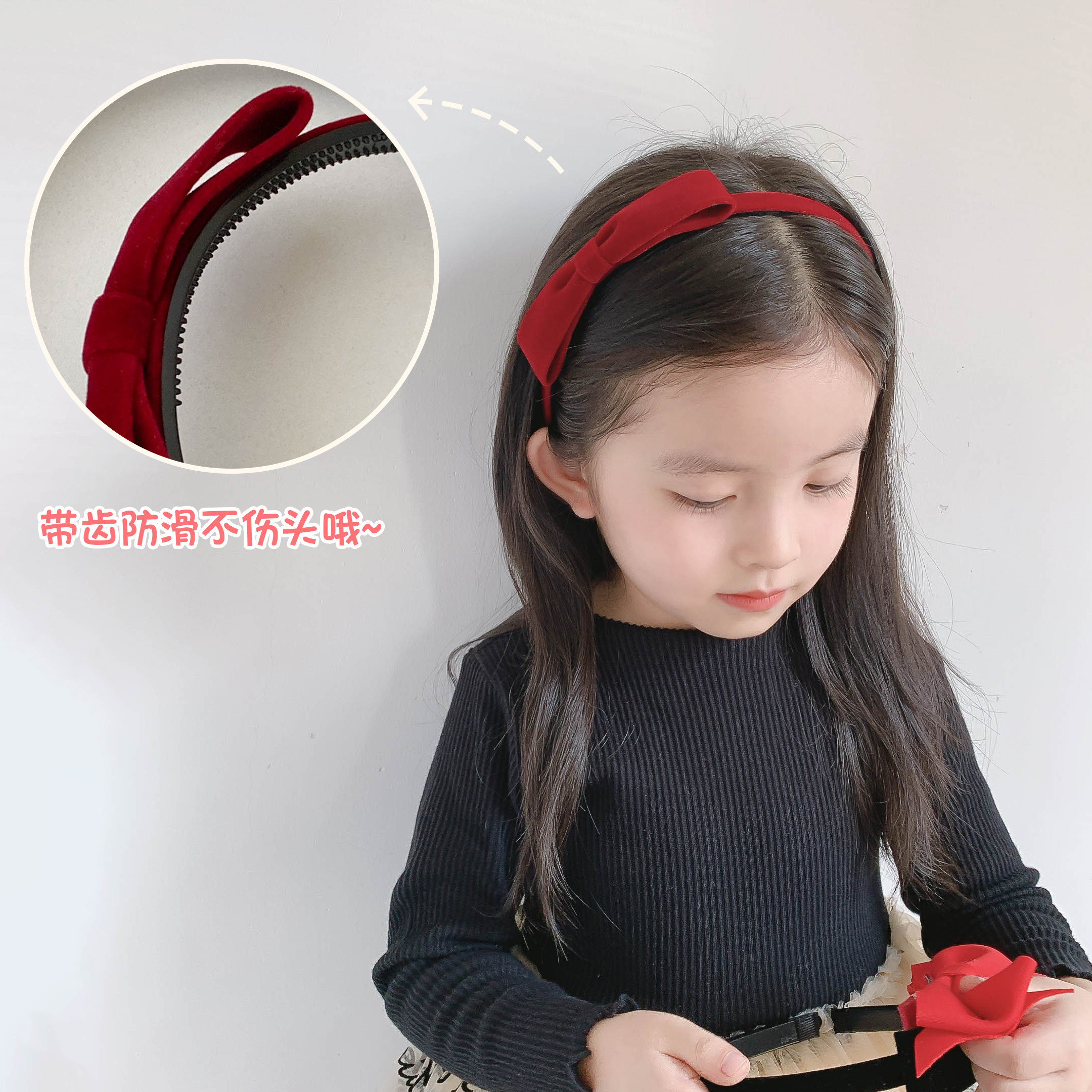 丝绒红色新年蝴蝶结儿童发箍碎发发卡女童公主可爱不伤发头箍发饰