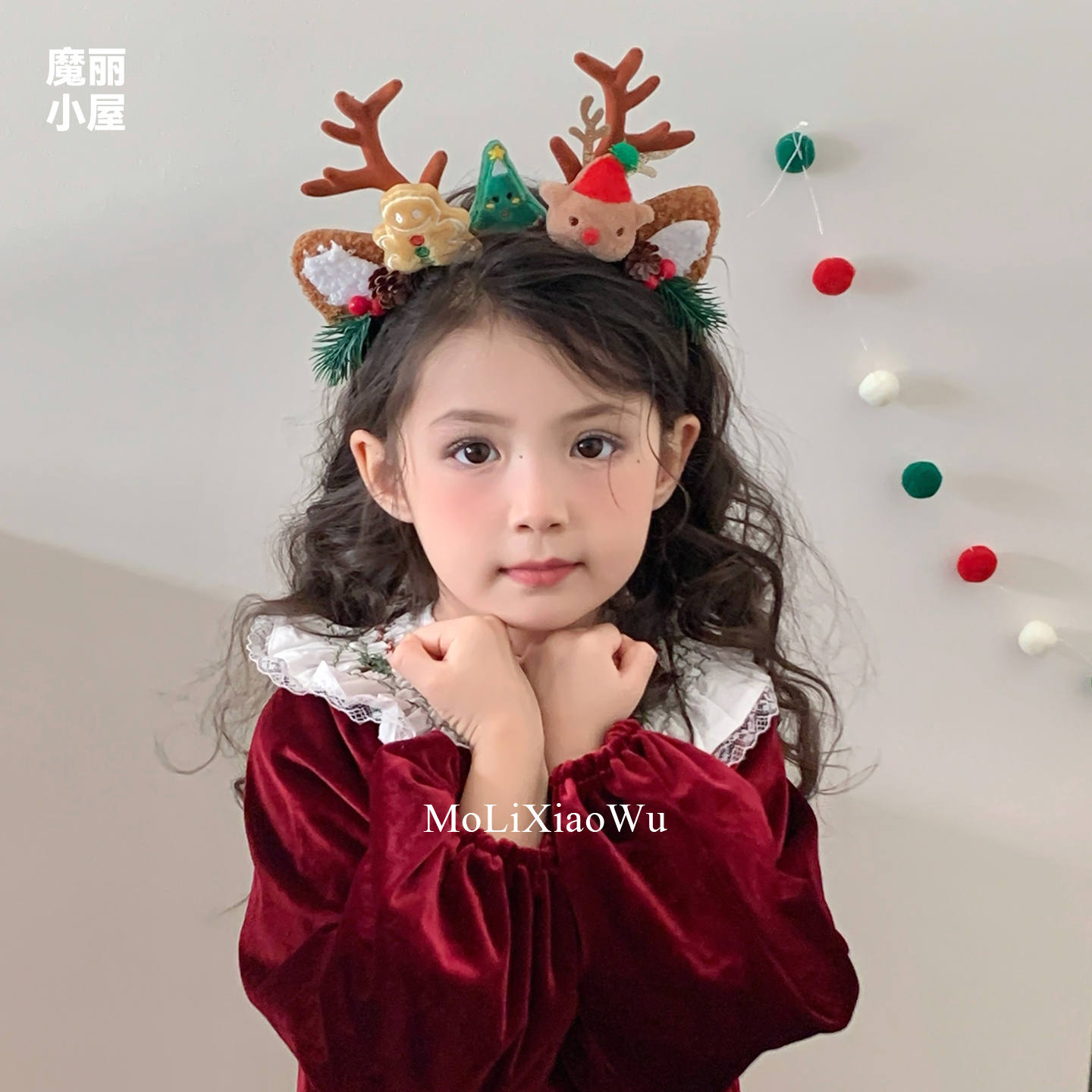 宝宝圣诞节发饰森系麋鹿角发箍女可爱儿童发卡圣诞帽头箍拍照道具