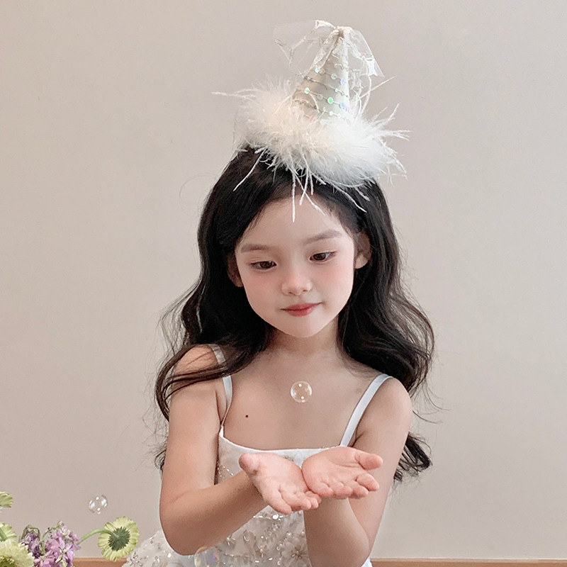 超仙白色立体羽毛发夹宝宝生日帽头饰儿童公主风发饰女童头纱发饰