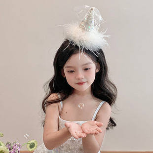 超仙白色立体羽毛发夹宝宝生日帽头饰儿童公主风发饰女童头纱发饰