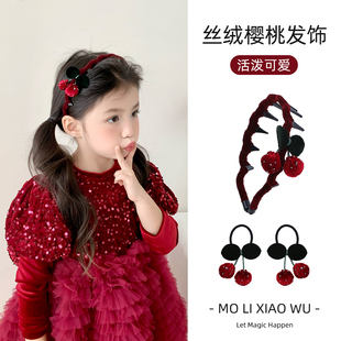 新年儿童头箍红色丝绒小樱桃发饰防滑带齿不伤发头饰拜年女童发圈